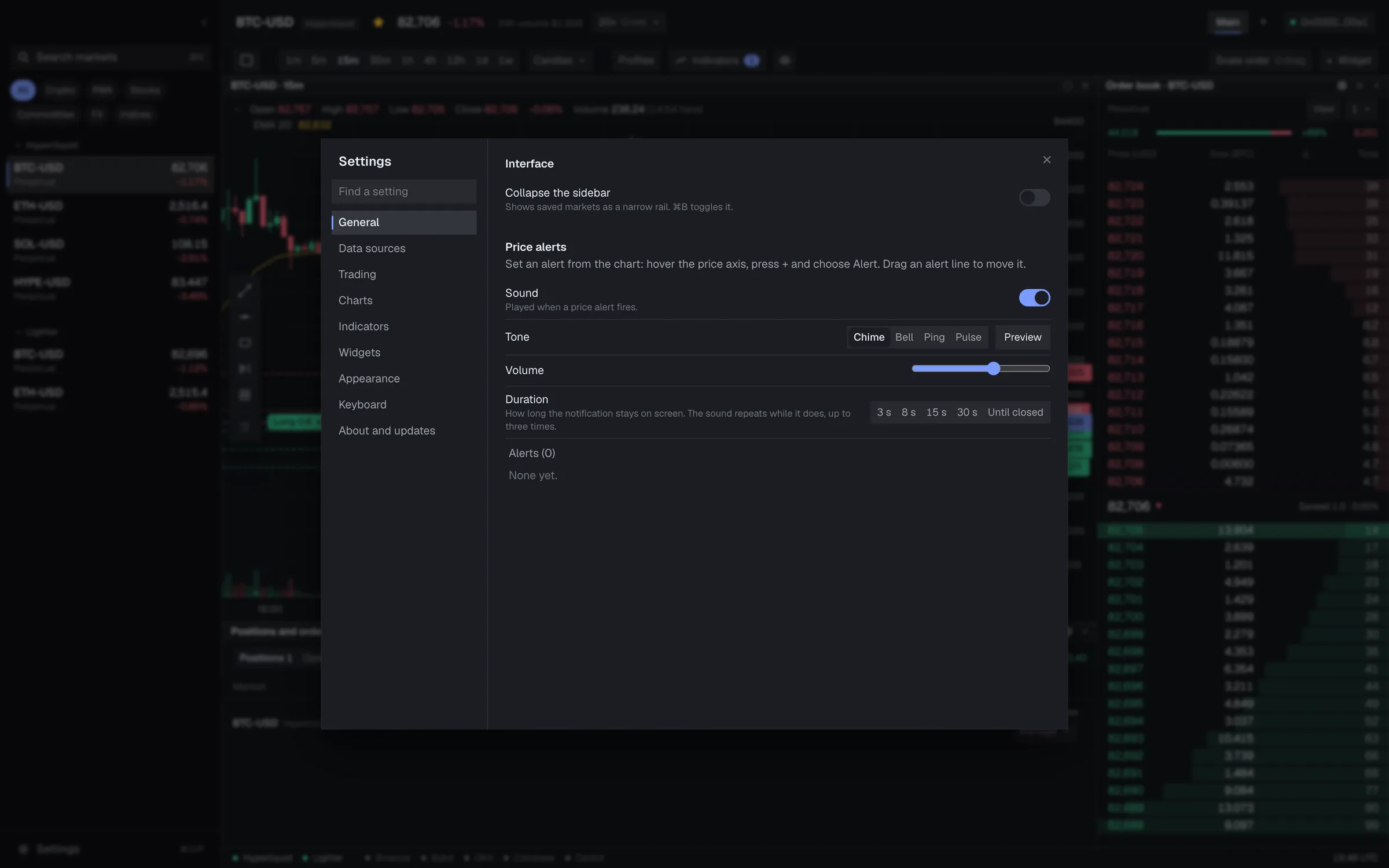 Settings, with sections for data sources, trading, charts, indicators, widgets, appearance and keyboard